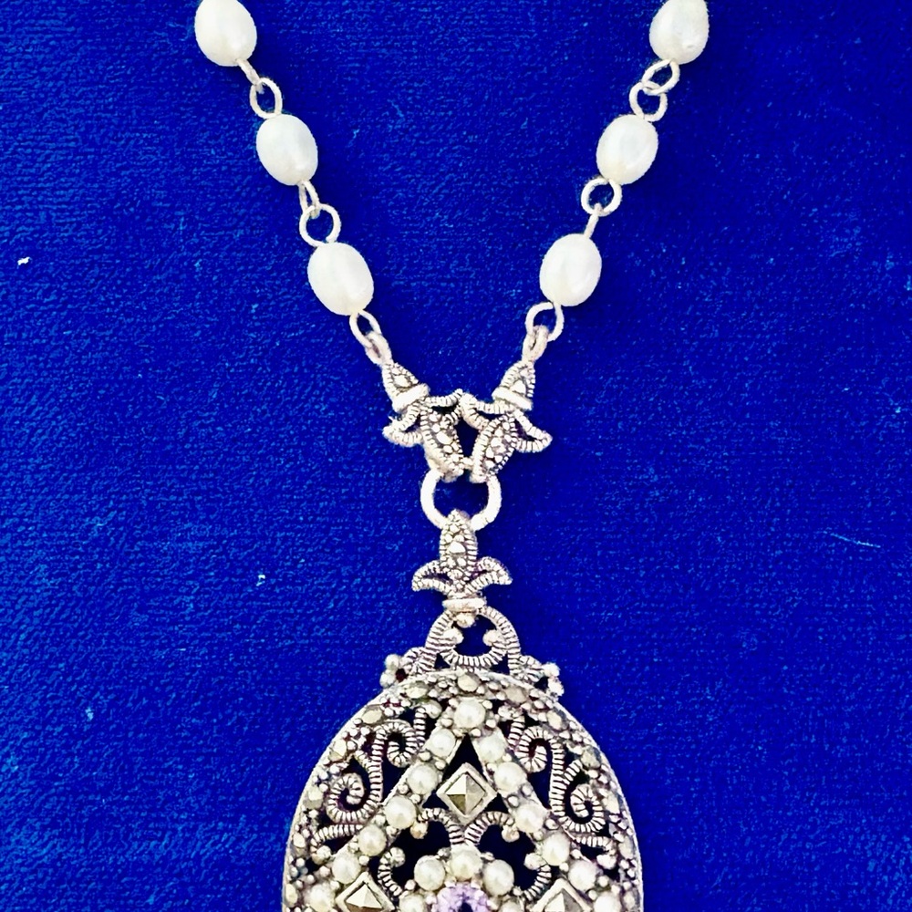Sterling silver Marcasite$ Amethyst Seed Pearl  Accents & Freshwater Pearl Chain